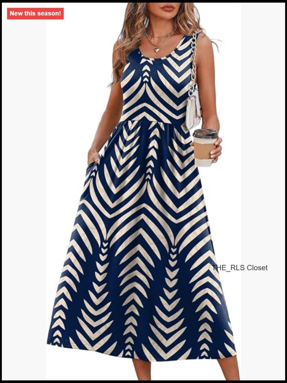 Flowy Casual Midi Dress with Pockets, Scoop Neck, Sleeveless - Picture 1 of 7